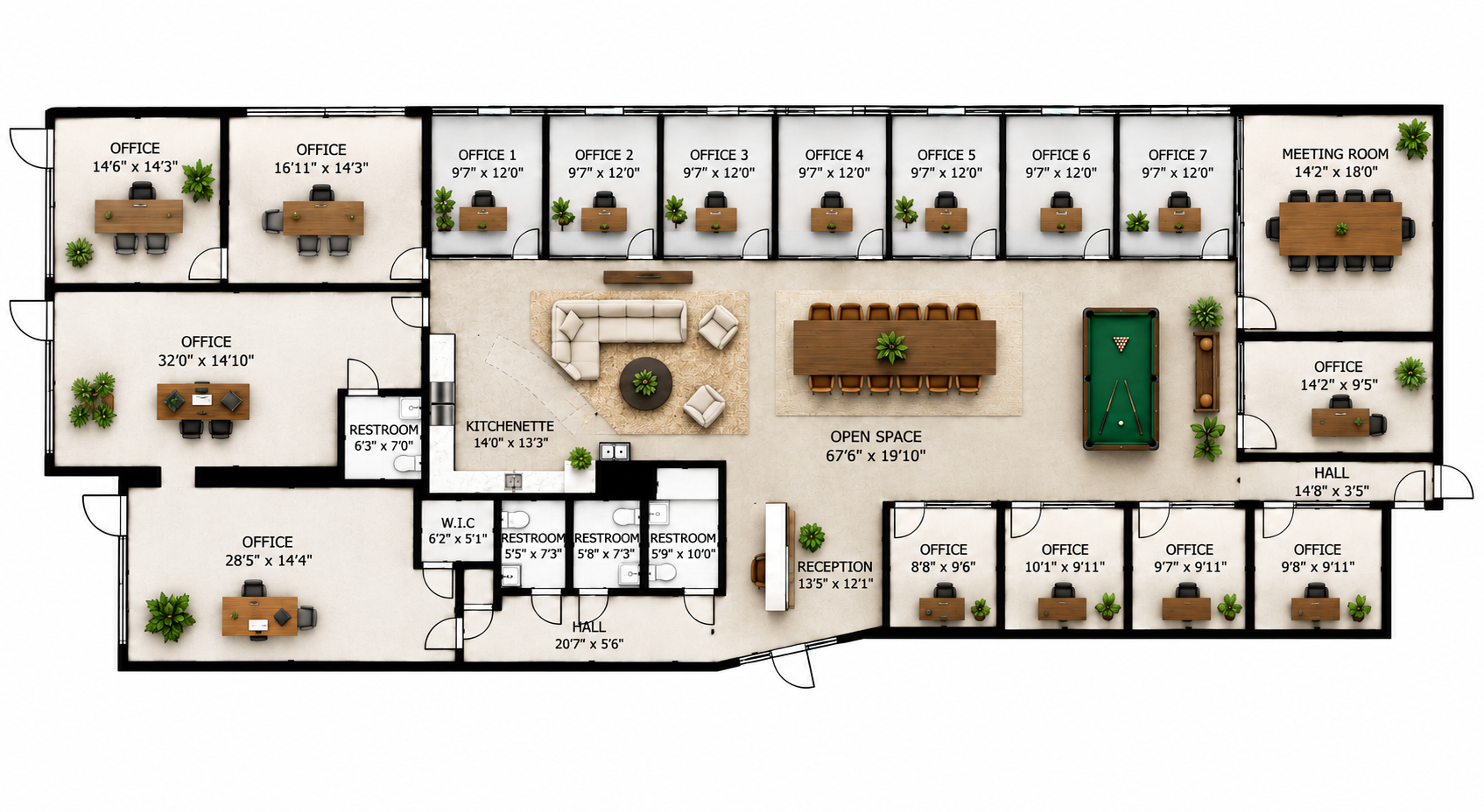 TREH office floor plan — private offices, conference room, reception, open space, and kitchenette